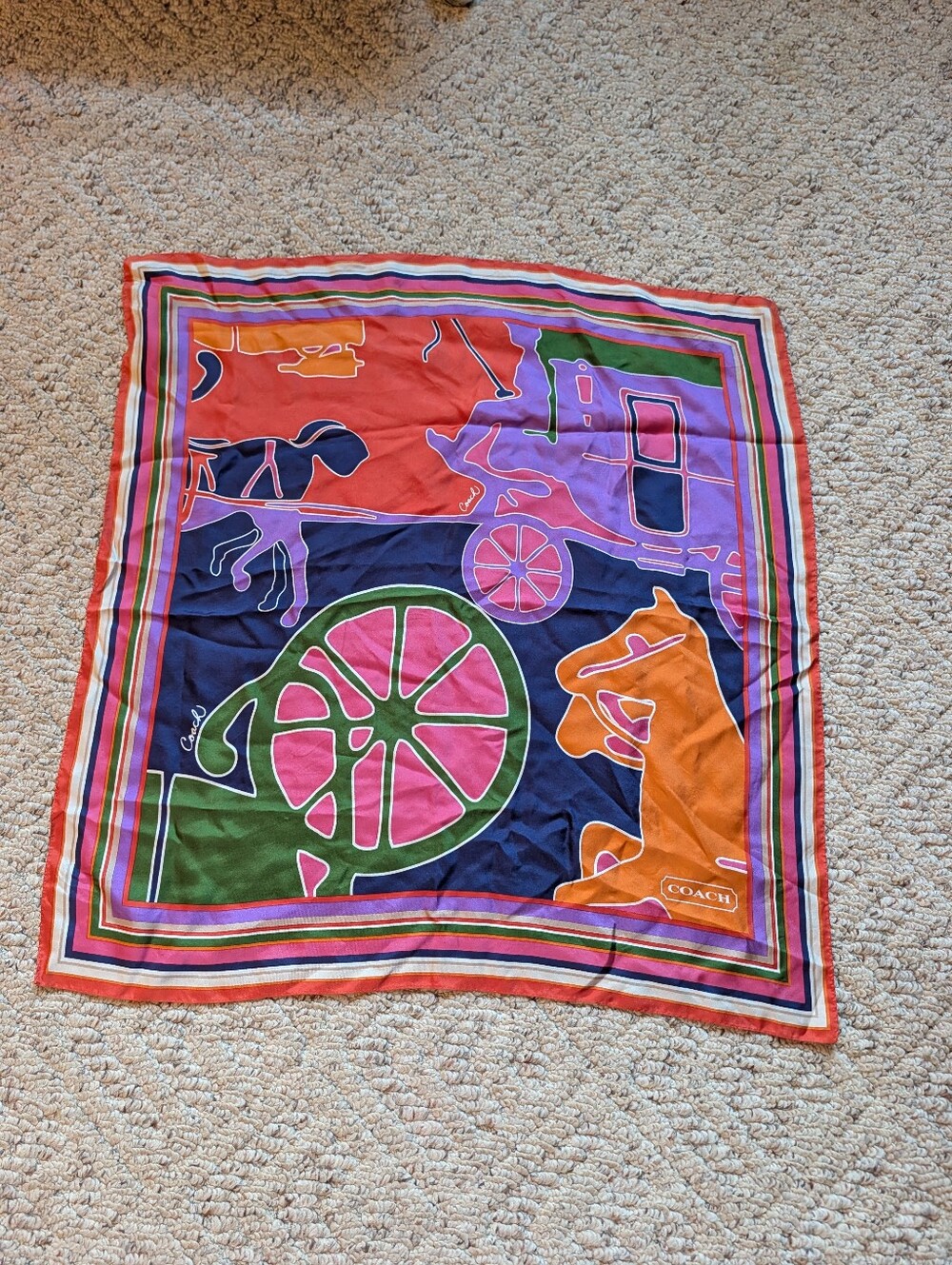 Vintage Y2K 2000s Coach Pop Art Horse Carriage Motifs Silk Multicolor Mod Chic